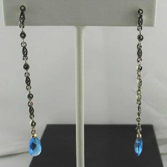 Blue Crystal & Marcasite Dangle Earrings - Picture 1 of 14